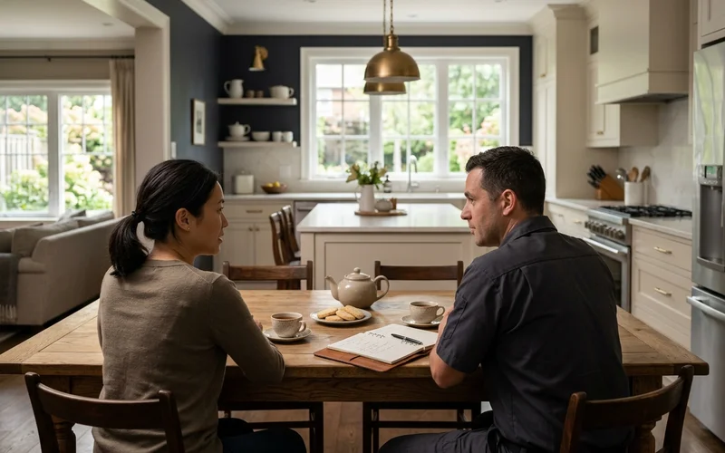 Adult child and crew lead talking at a kitchen table