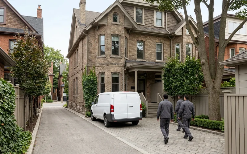 Annex Victorian row house with a plain white van in the laneway