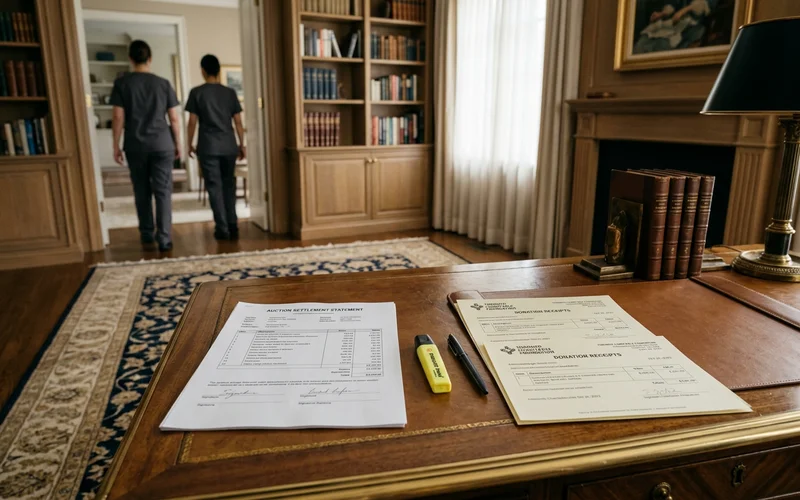 Auction settlement statement and donation receipts side by side