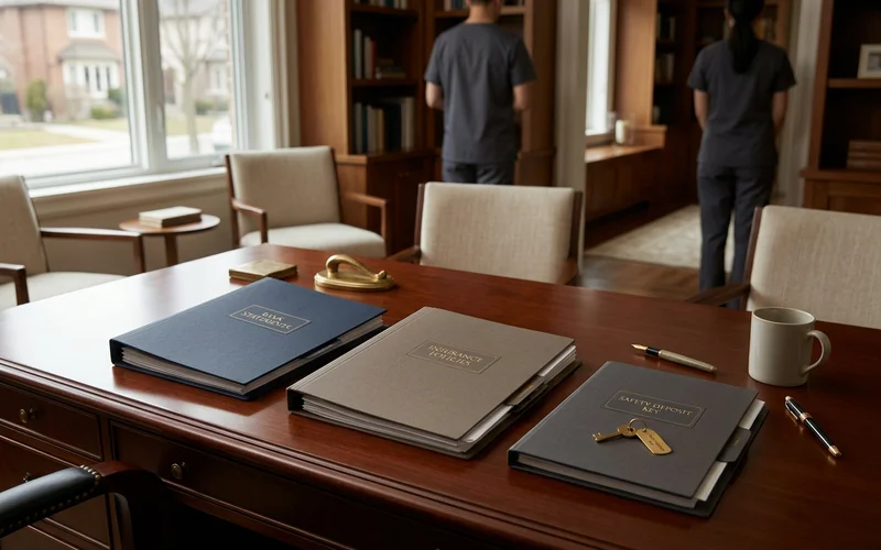 Financial papers and a safety deposit key sorted into labelled folders