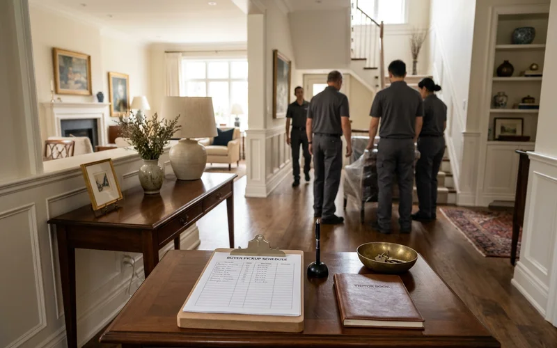 Buyer pickup schedule on a clipboard at a front hall table
