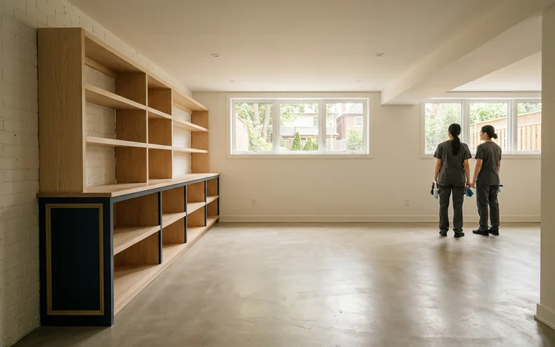 Cleared basement with swept floor and empty shelving