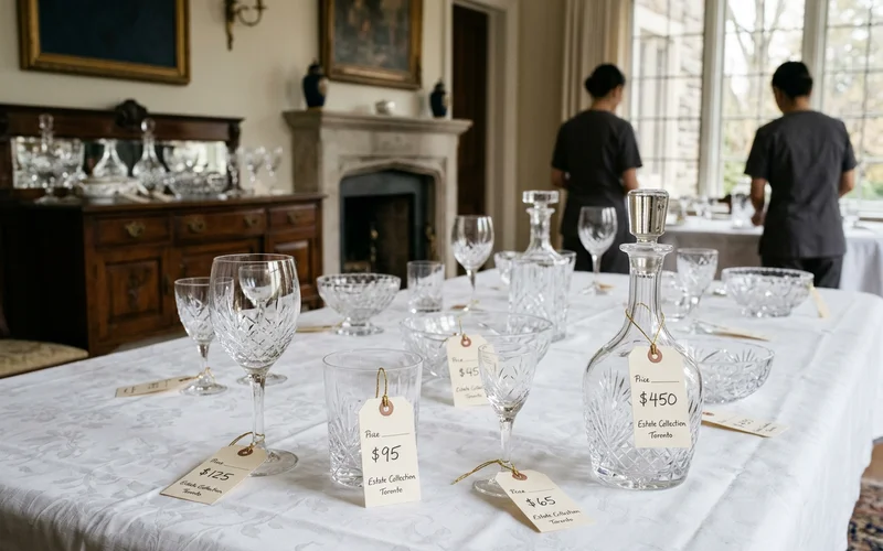 Handwritten price tags on crystal glassware