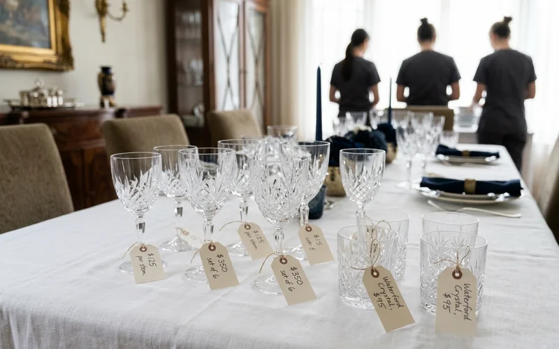 Close view of handwritten price tags on glassware