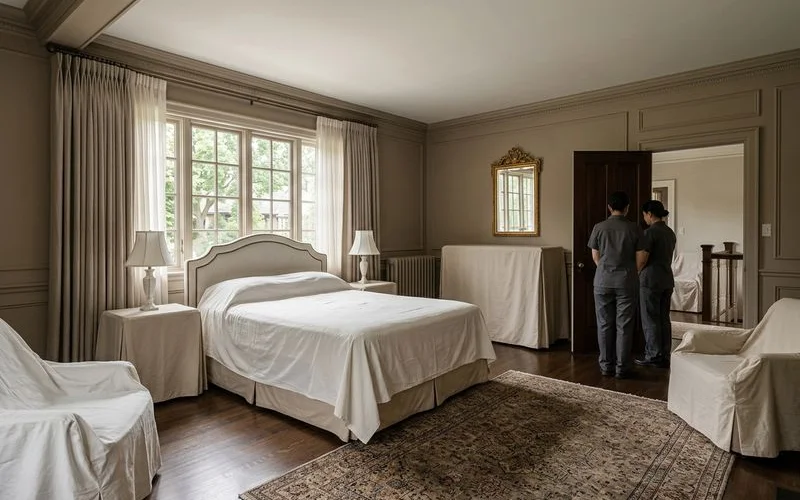Closed-off upstairs bedroom with dust covers on furniture