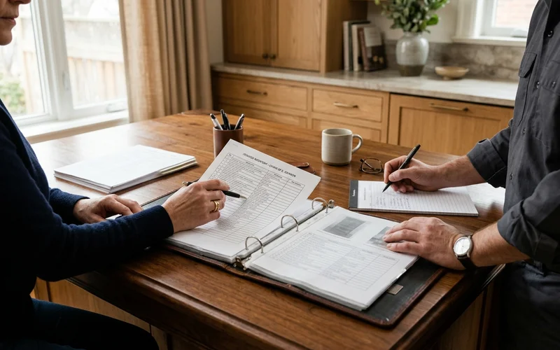 Crew lead and executor reviewing an itemized estate inventory binder at a kitchen table