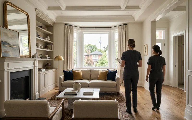 Crew lead and executor walking through a living room during a consultation