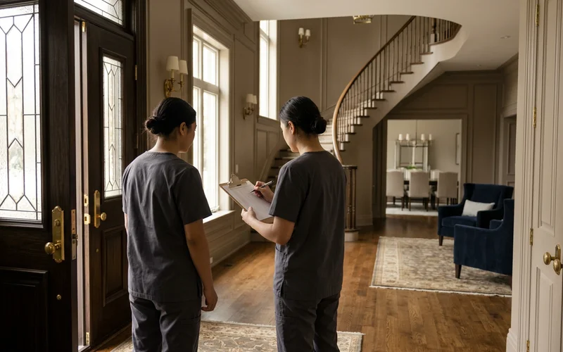 Crew member checking a buyer list at the front door during pickup day