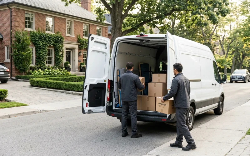 Donation boxes loaded neatly into a plain white van