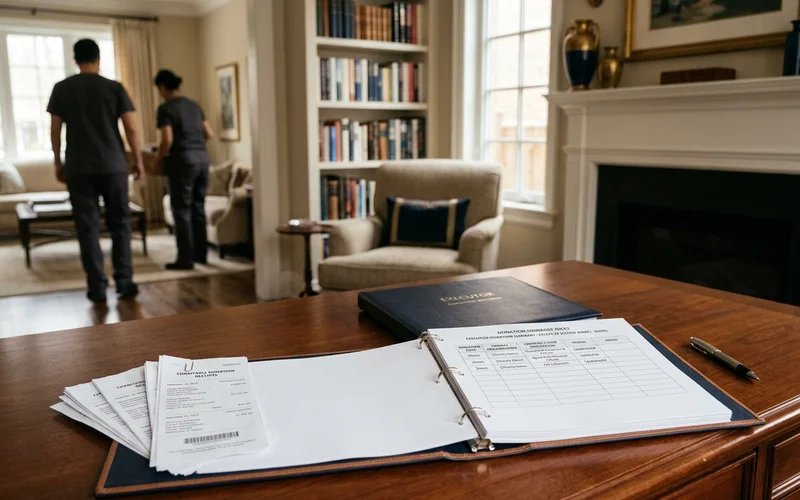 Donation summary sheet beside receipts in an executor binder