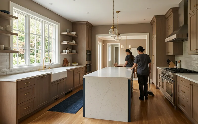Empty kitchen with wiped counters and swept floor