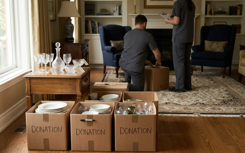 Everyday dishes boxed for donation beside crystal set aside for auction