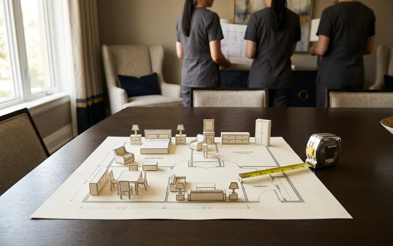 Retirement suite floor plan with furniture cut-outs and a tape measure