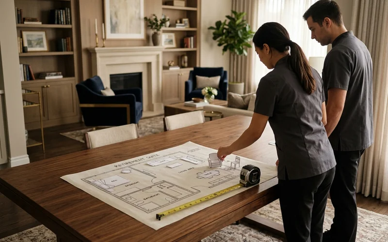 Floor plan sketch with furniture cut-outs on a table