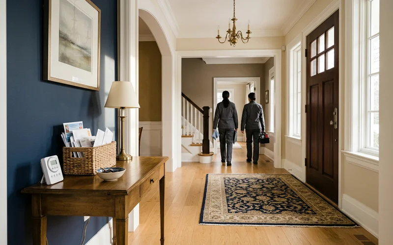 Front hall with a light timer and collected mail in a basket