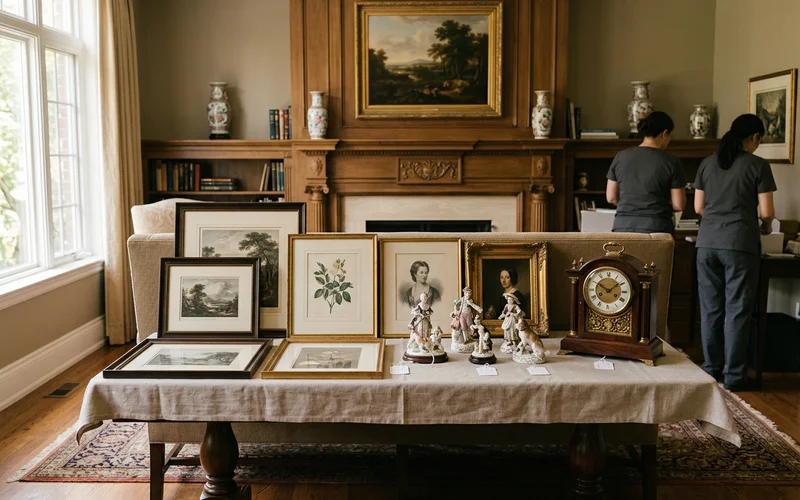 Art prints, porcelain and a mantel clock grouped for inventory photography