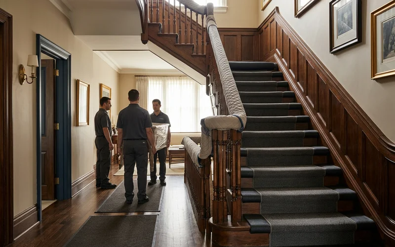 Heritage staircase protected with padding and floor runners