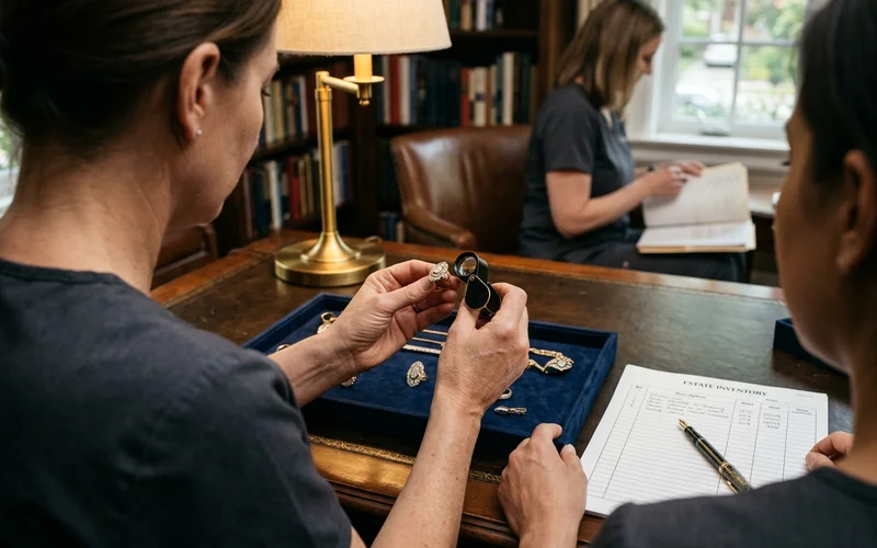 Appraiser examining estate jewelry with a loupe, hands only