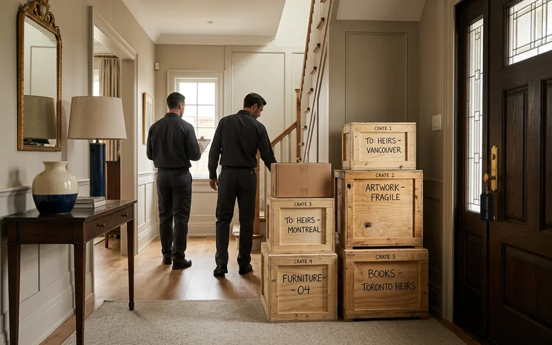 Labelled shipping crates stacked by a front door