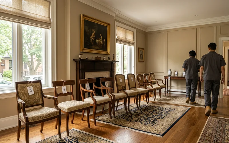 Lot tags on antique chairs lined up in a cleared living room