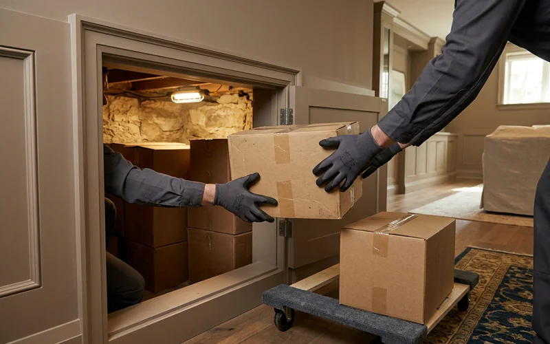 Boxes being passed out of a low basement crawlspace