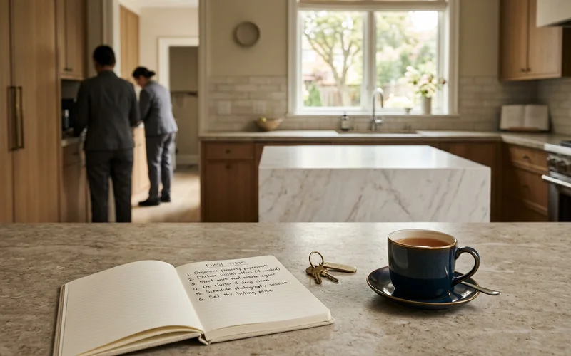 Notebook with a handwritten first-steps list on a kitchen counter