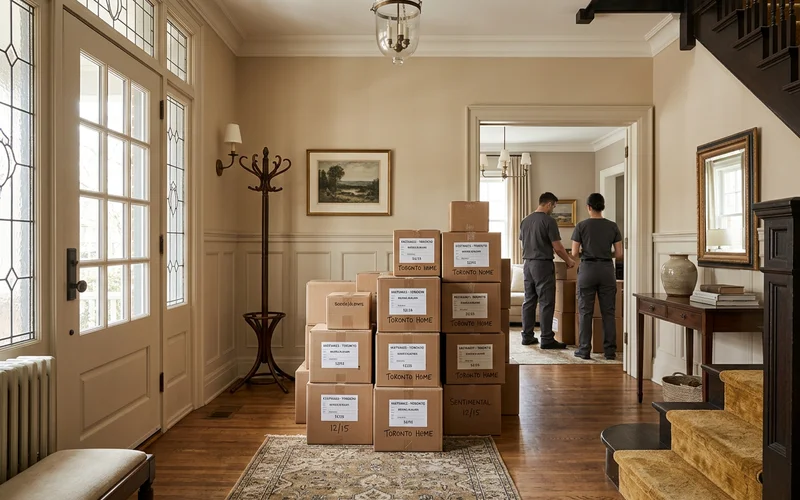 Packed keepsake boxes with shipping labels in a front hall