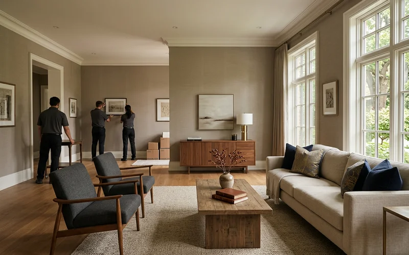 Partly cleared living room with good furniture kept for staging