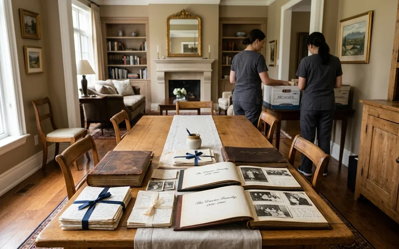 Recovered photo albums and letters set aside on a clean table