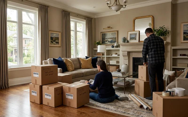 Half-packed boxes on a living room floor during a DIY clear