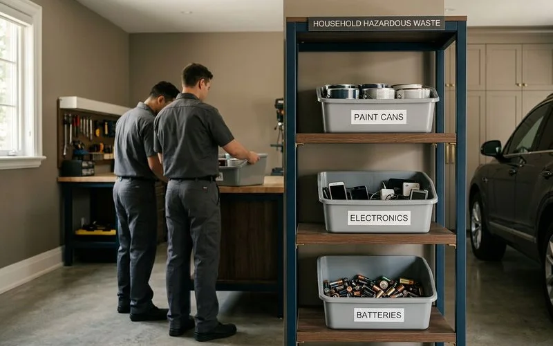 Hazardous materials separated into labelled bins for proper handling