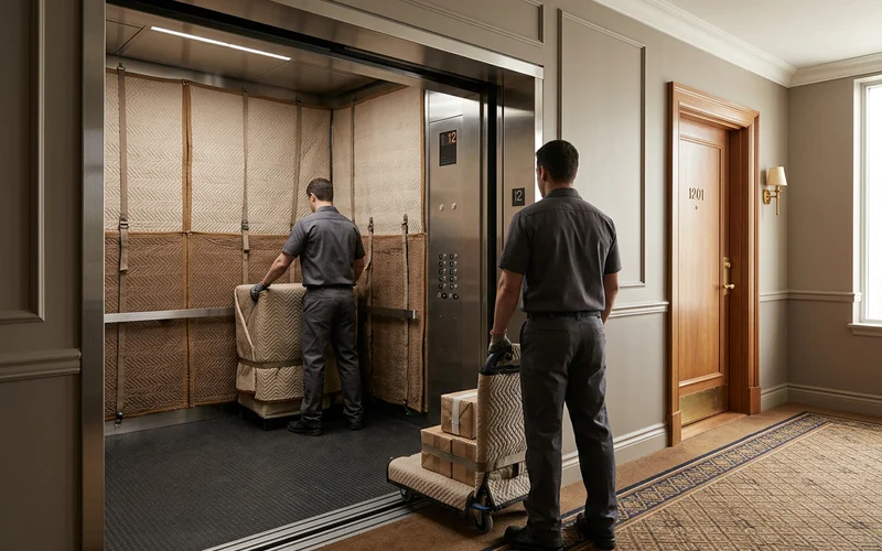 Service elevator lined with protective padding