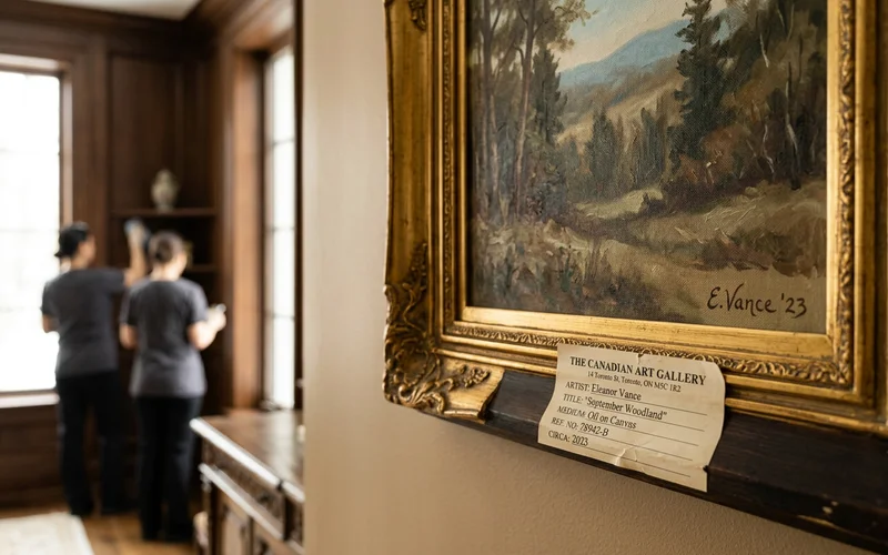 Close-up of a painting signature and a gallery label on the frame