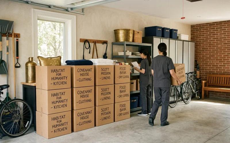 Sorted housewares in labelled donation boxes in a garage