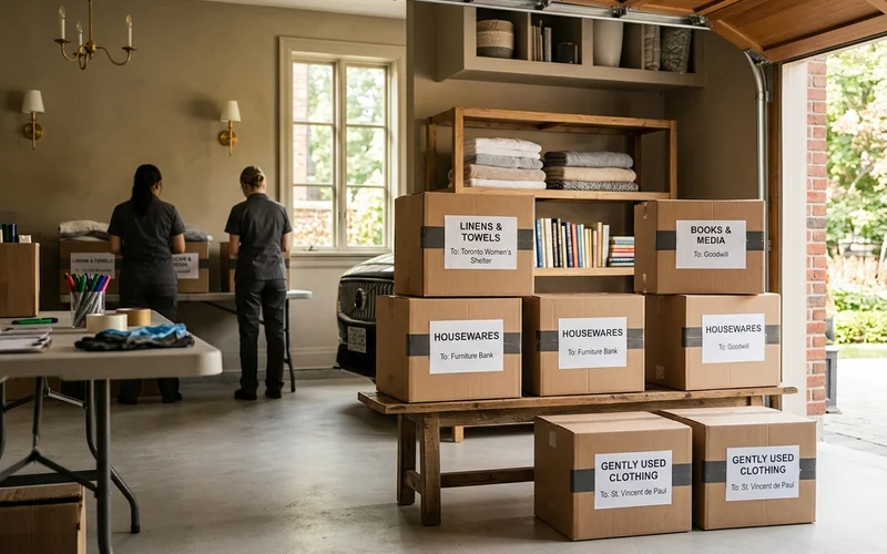 Housewares, linens and books sorted into labelled donation boxes