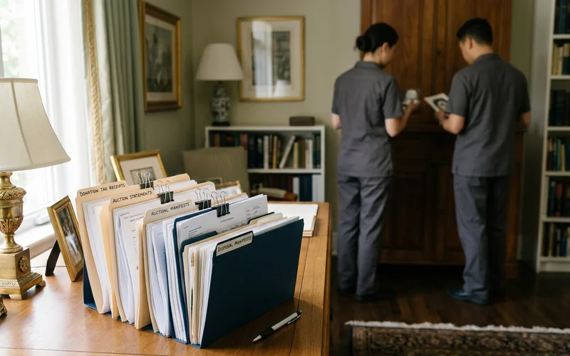 Donation receipts, auction statements and disposal manifests in labelled folders