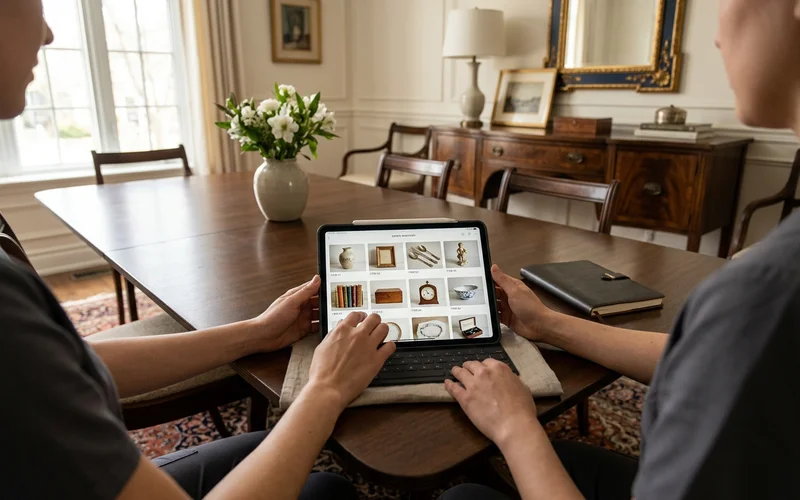 Tablet showing a neutral photo inventory of family items