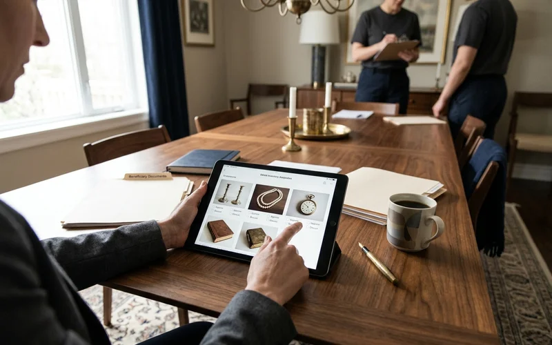 Tablet showing a photo inventory of keepsakes for beneficiary approval