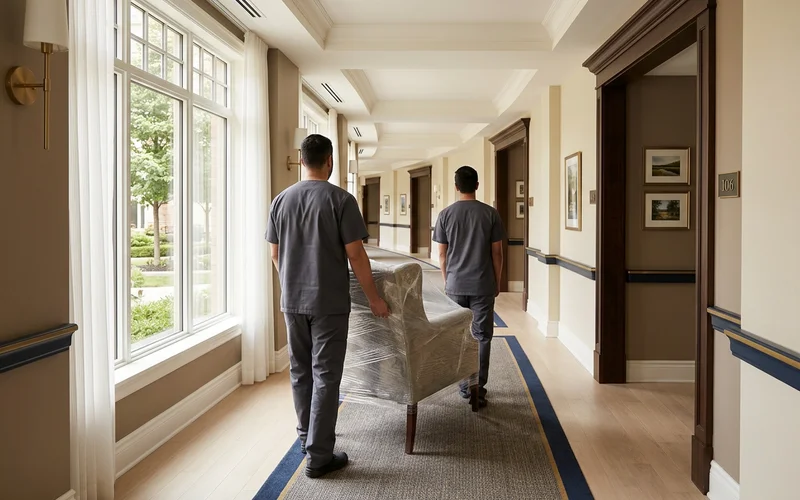 Two crew members carrying a wrapped armchair into a retirement residence