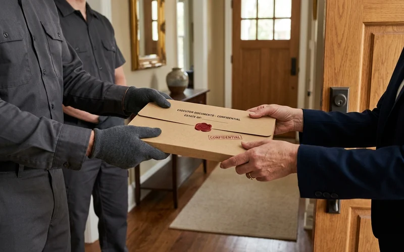 Two crew members handing a sealed documentation folder to an executor