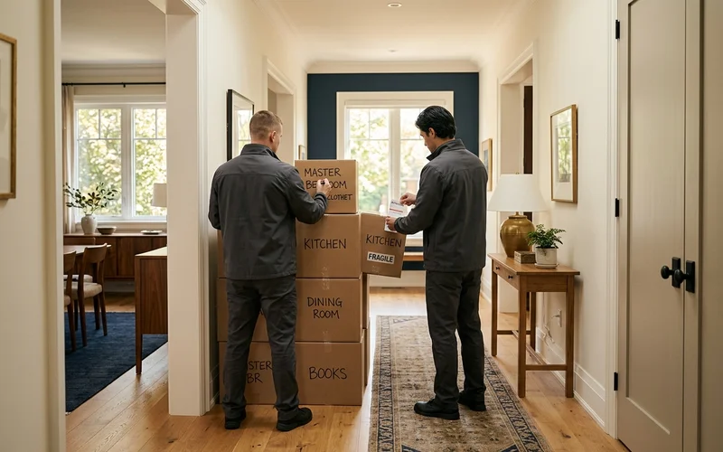 Two crew members labelling boxes by room in a bright hallway