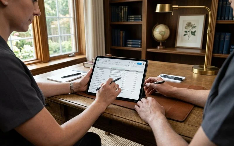 Two crew members logging items on a tablet in a study