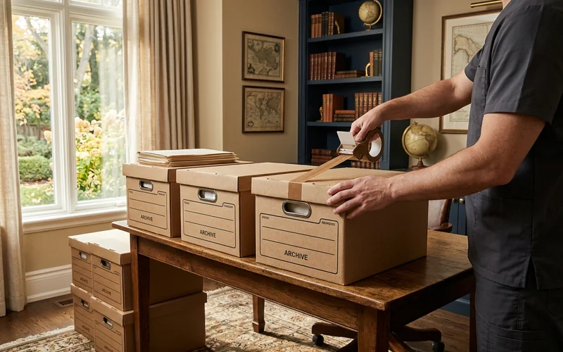 Two crew members sealing archive boxes of papers in a home office