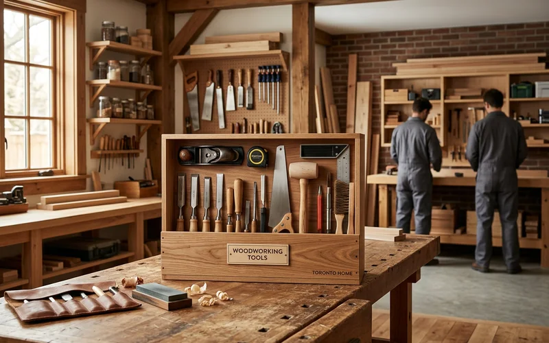 Woodworking tools packed in a labelled crate in a garage workshop