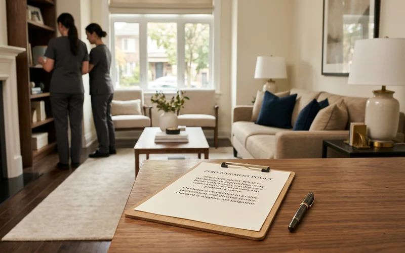 Written Zero Judgment policy on a clipboard beside a pen