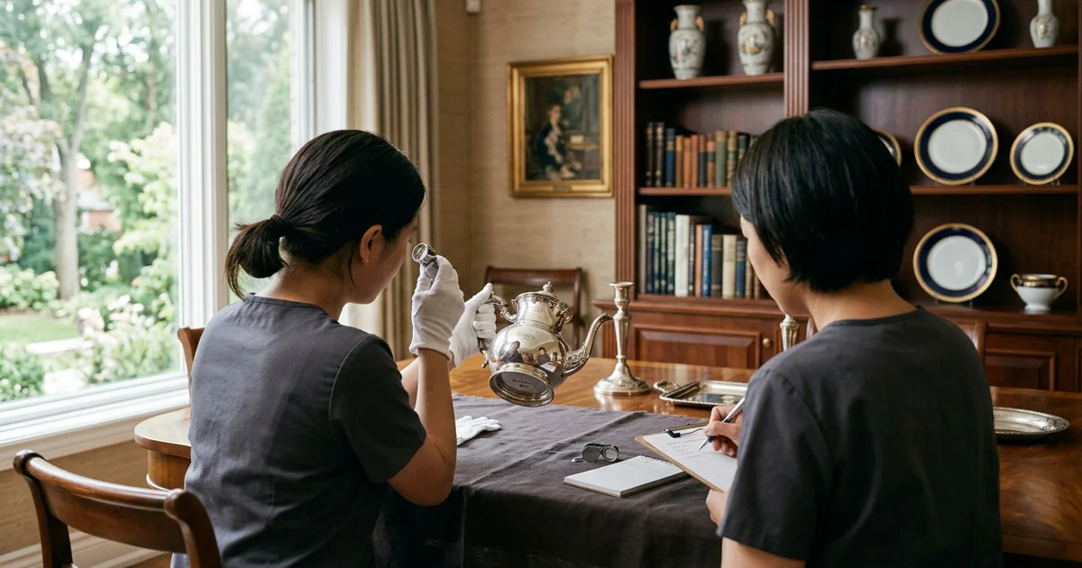 Crew hands examining a hallmark on a silver teapot in soft window light