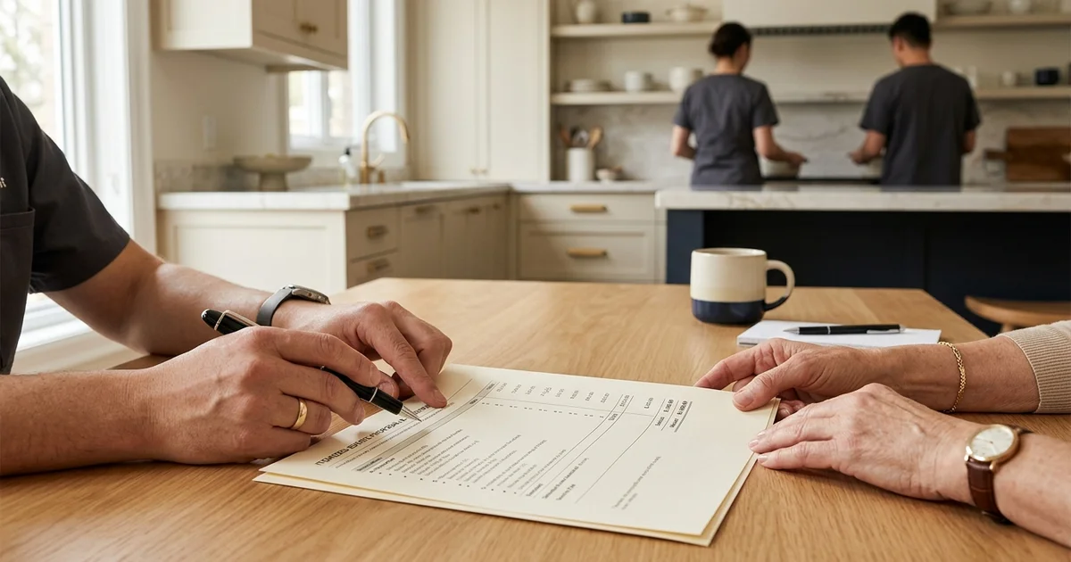 Crew lead reviewing an itemized quote with an executor at a cleared kitchen table