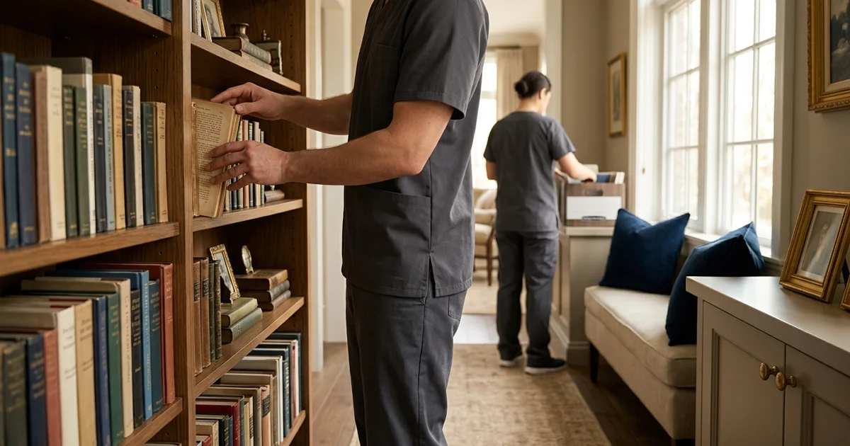 Crew member's hands checking between book pages on a wooden shelf