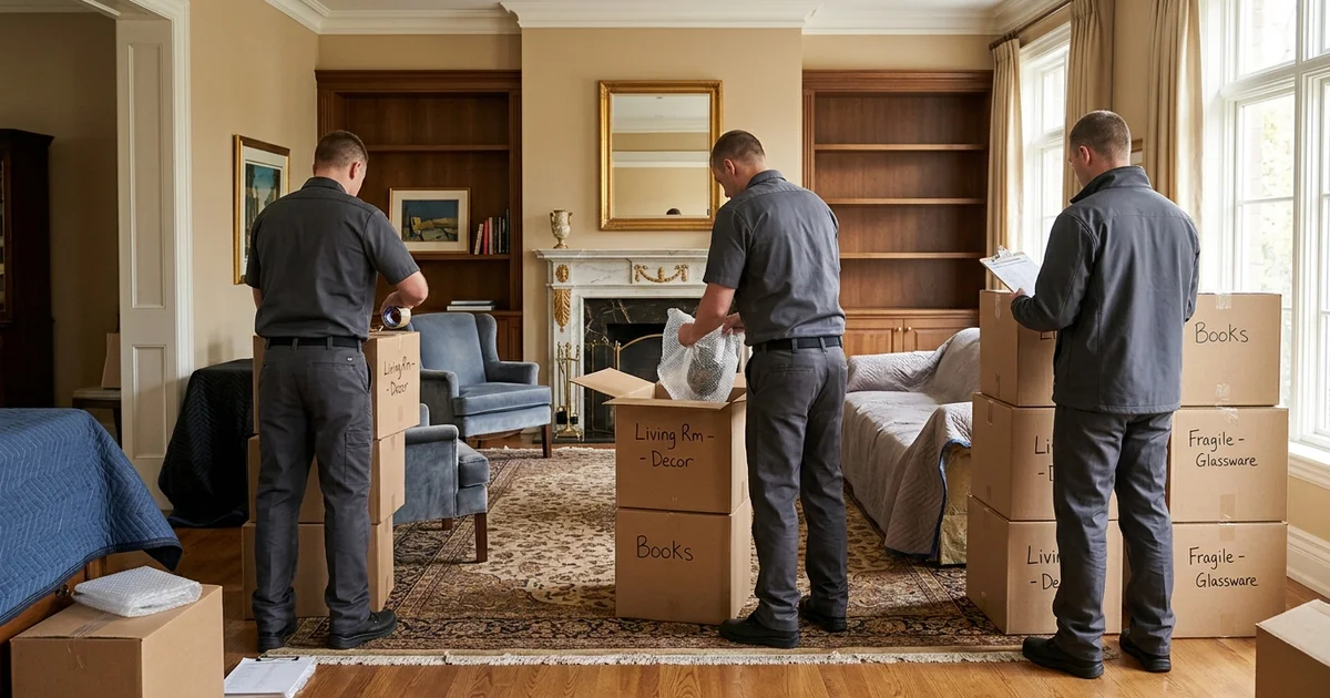Crew of three working methodically in a partly cleared living room