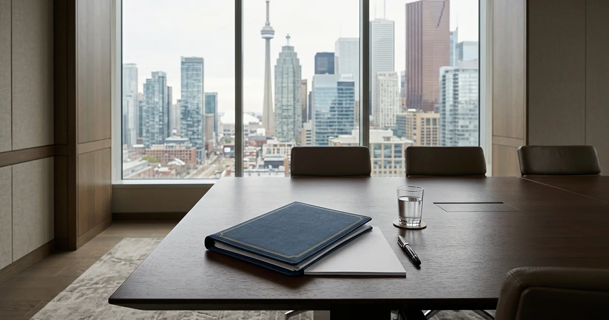 Documents in a folder on a boardroom table with a downtown Toronto view